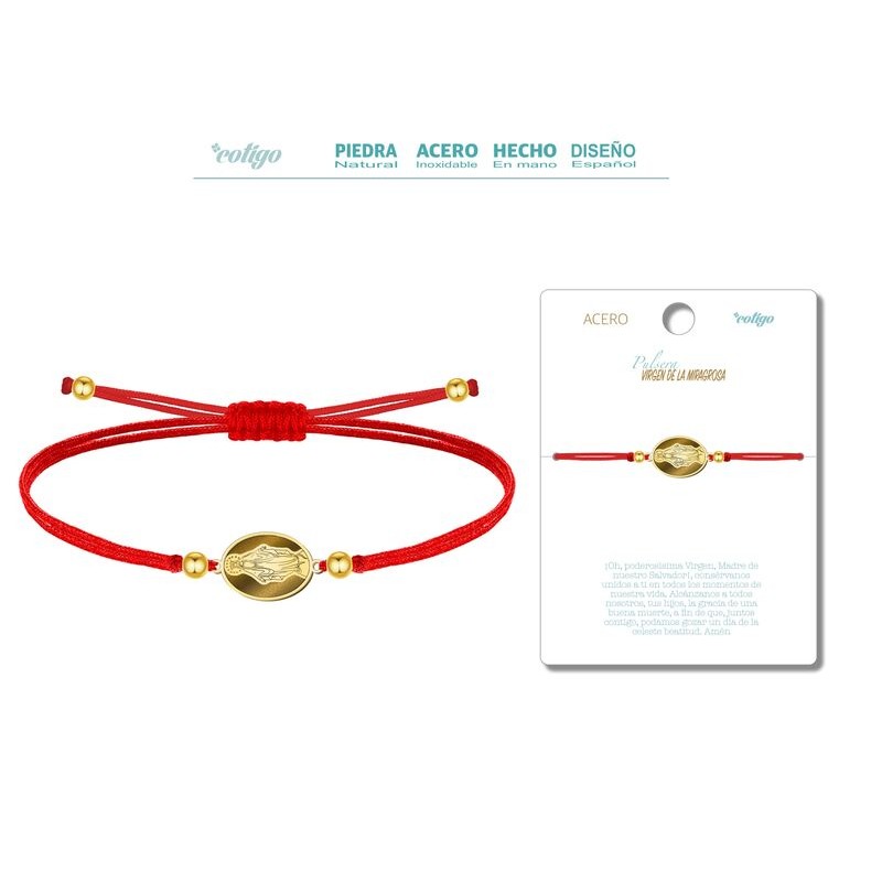 Pulsera Hilo Rojo Virgen De La Miragrosa Color Dorado  - Coleccion Medalla de Santos